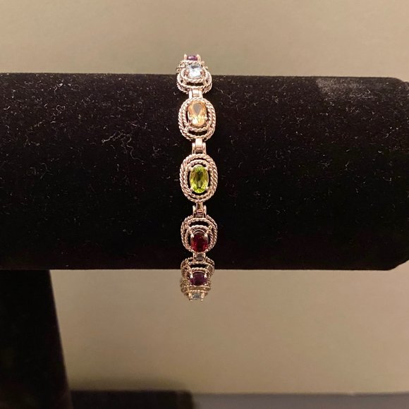 Colorful Multi-Gem & Sterling Silver Bracelet, 7" - Picture 6 of 13